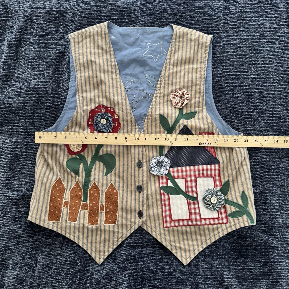 Vintage Birdhouse/Flowers Patchwork Button Front Vest Country Cottagecore M/L - Picture 3 of 5